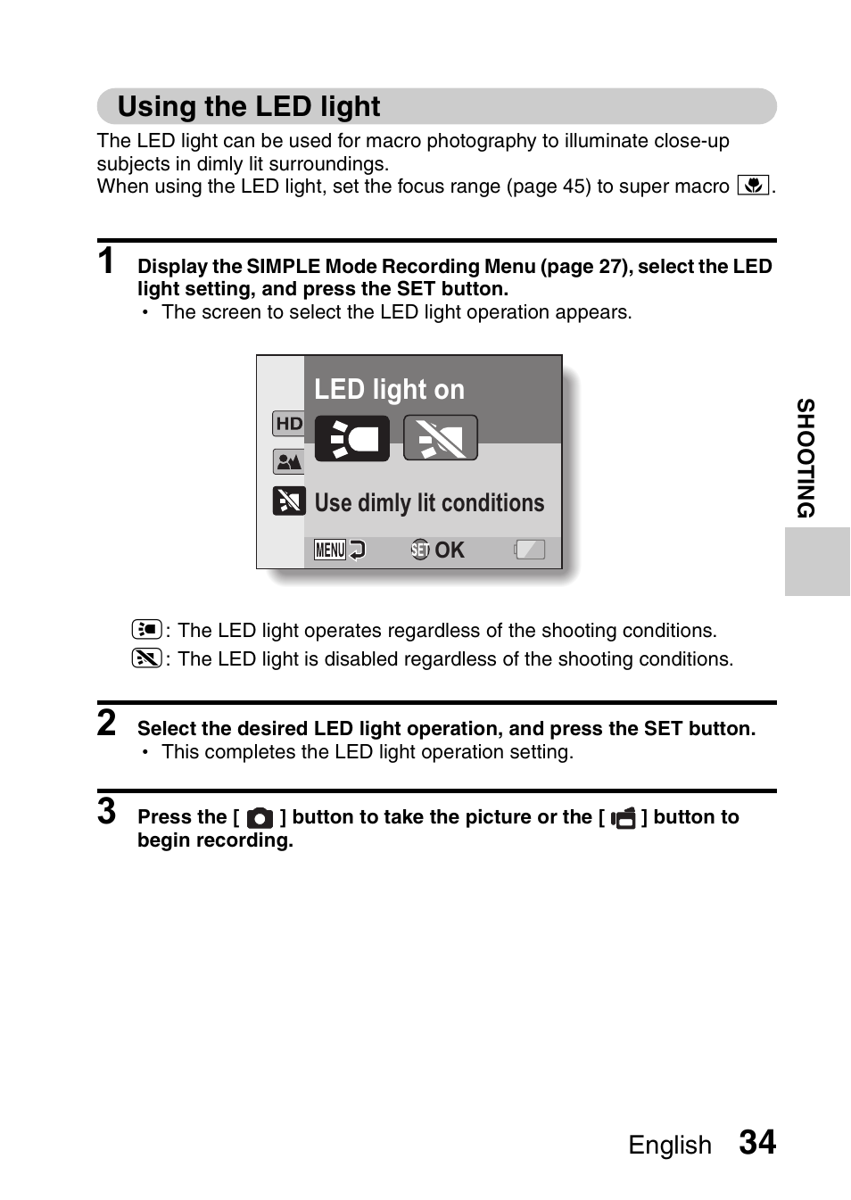 Using the led light, Led light on | Sanyo VPC-CS1EX User Manual | Page 57 / 92