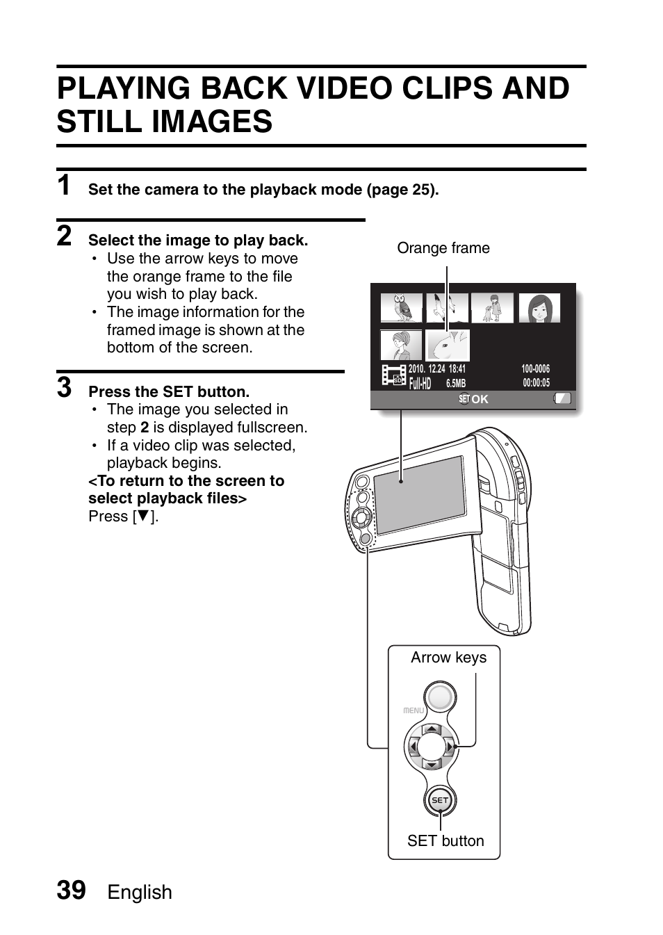 Playback, Playing back video clips and still images, English | Sanyo VPC-CS1EX User Manual | Page 62 / 92