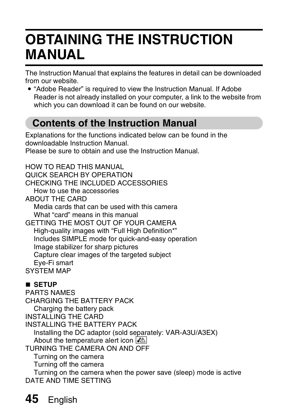 Obtaining the instruction manual, Contents of the instruction manual, English | Sanyo VPC-CS1EX User Manual | Page 68 / 92