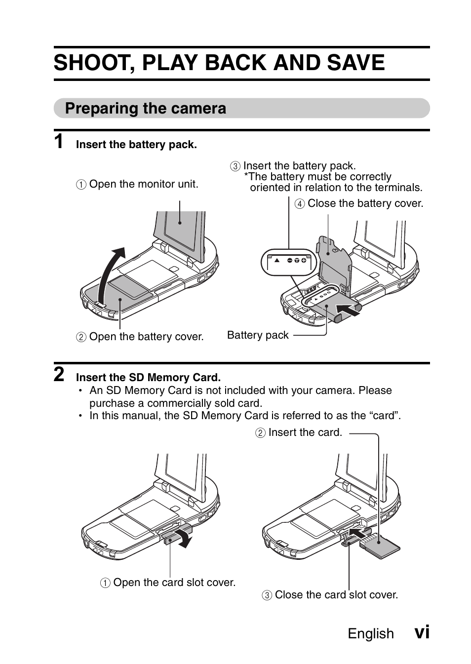 Shoot, play back and save, Preparing the camera | Sanyo VPC-CS1EX User Manual | Page 7 / 92