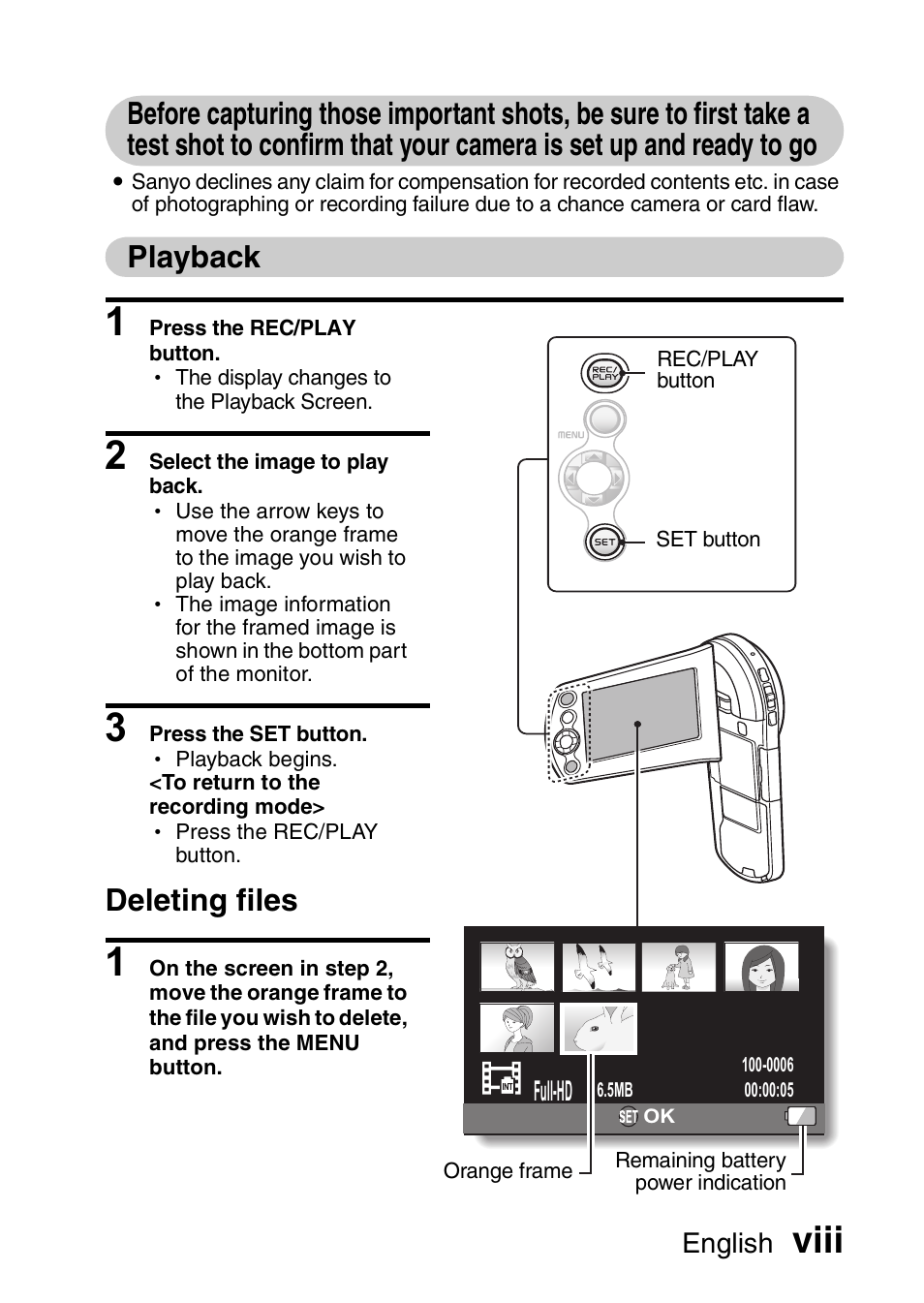 Viii, Playback, Deleting files | Sanyo VPC-CS1EX User Manual | Page 9 / 92