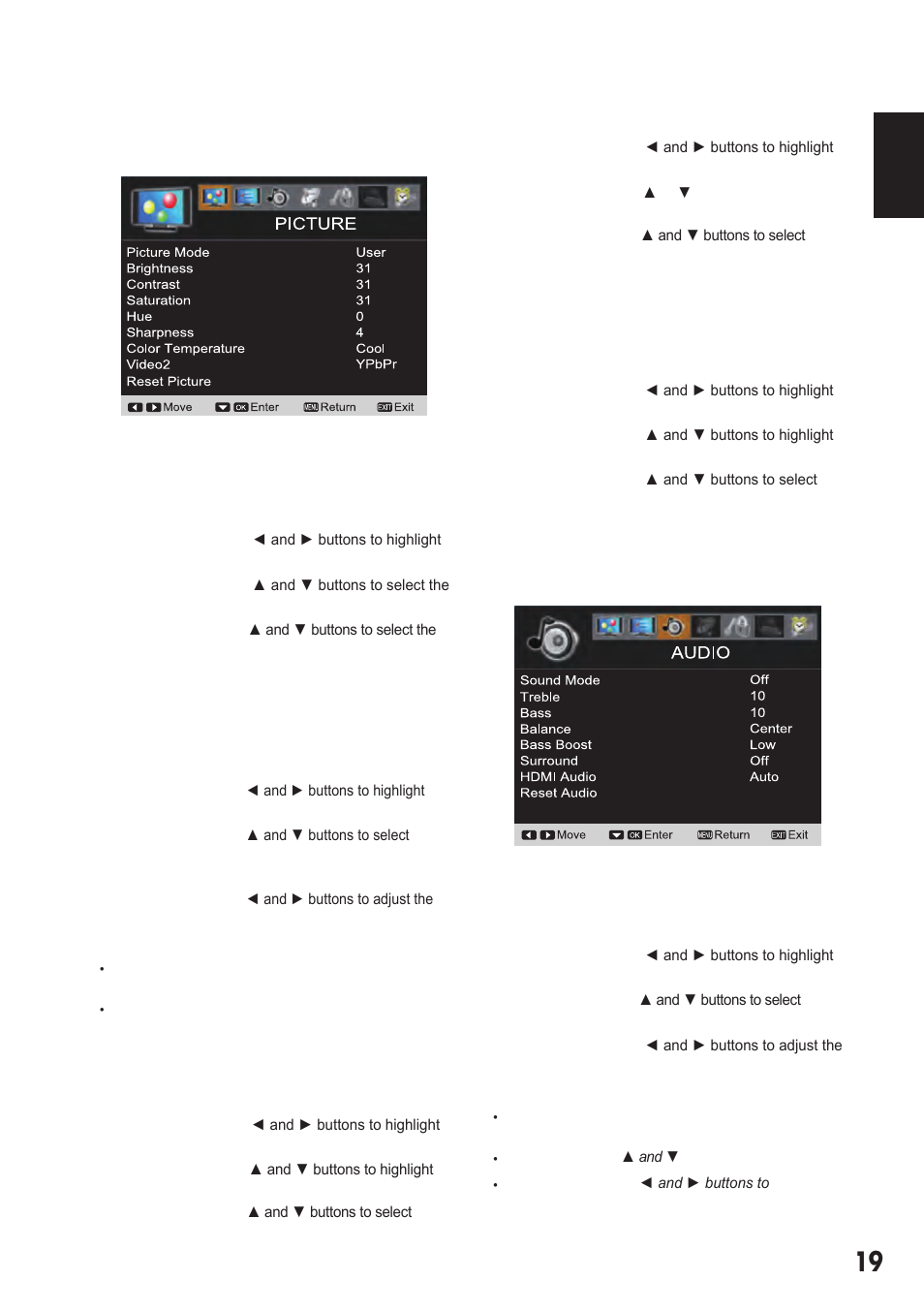 Picture/ audio/ advanced adjustment, Picture, Audio | Sanyo DP55441 User Manual | Page 20 / 32