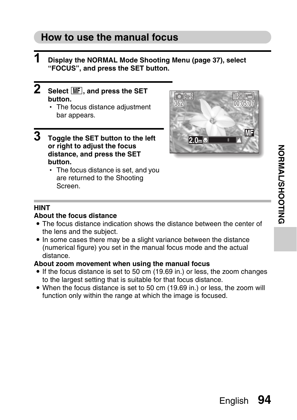 How to use the manual focus, English | Sanyo VPC-CG9EX User Manual | Page 101 / 220