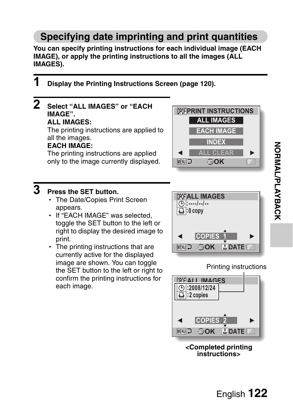 Specifying date imprinting and print quantities, English | Sanyo VPC-CG9EX User Manual | Page 129 / 220