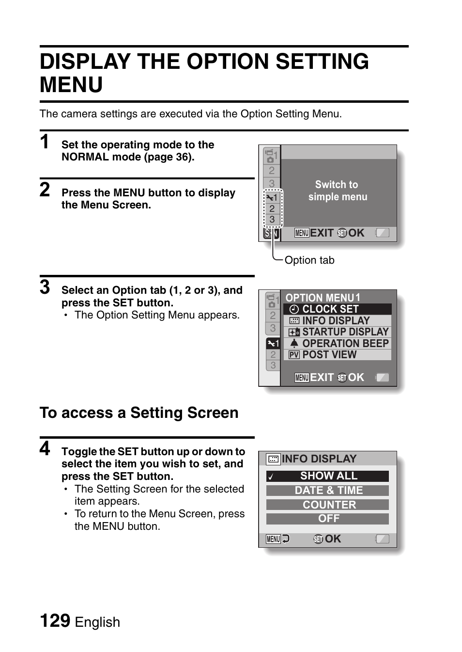 Display the option setting menu, English | Sanyo VPC-CG9EX User Manual | Page 136 / 220