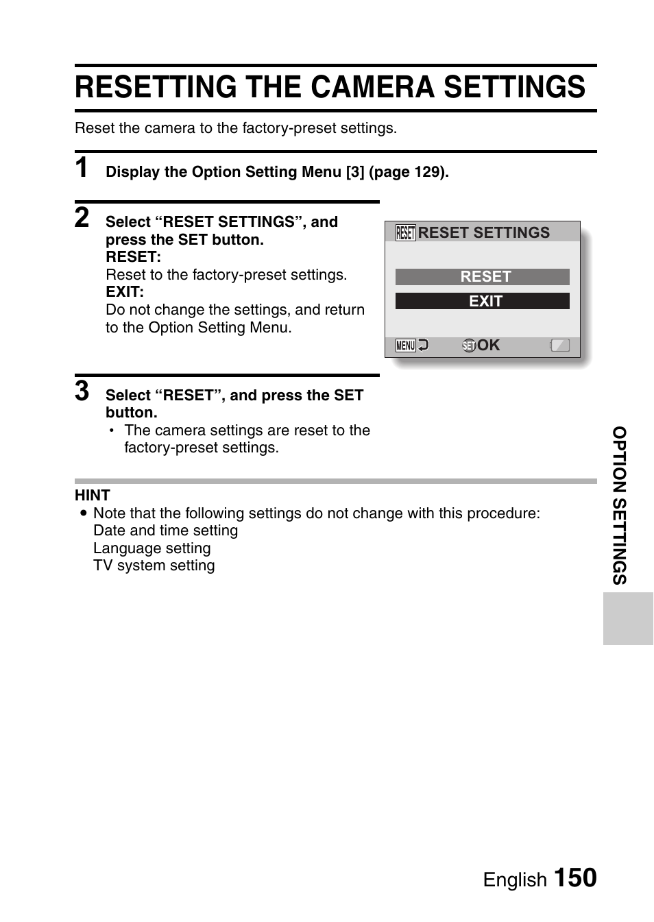 Resetting the camera settings | Sanyo VPC-CG9EX User Manual | Page 157 / 220