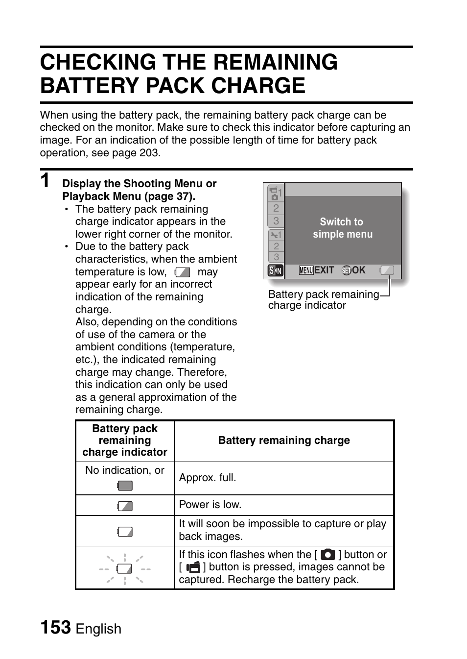 Checking the remaining battery pack charge, English | Sanyo VPC-CG9EX User Manual | Page 160 / 220