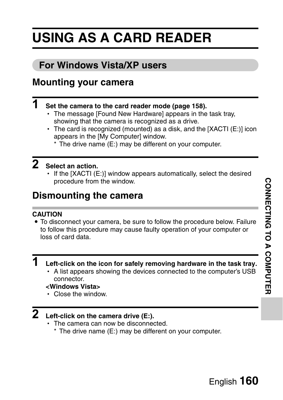 Using as a card reader, For windows vista/xp users mounting your camera, Dismounting the camera | Sanyo VPC-CG9EX User Manual | Page 167 / 220