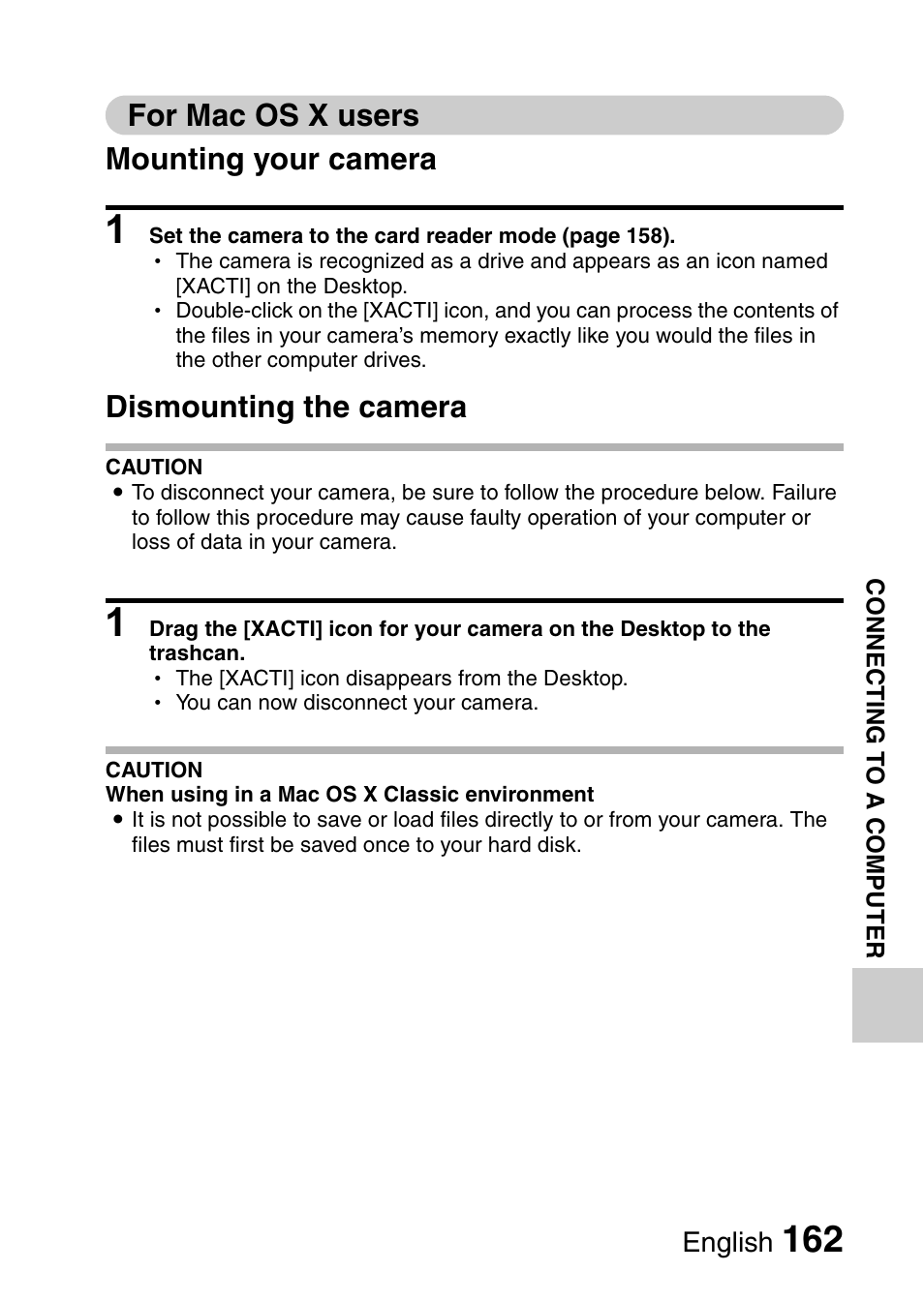 For mac os x users mounting your camera, Dismounting the camera | Sanyo VPC-CG9EX User Manual | Page 169 / 220