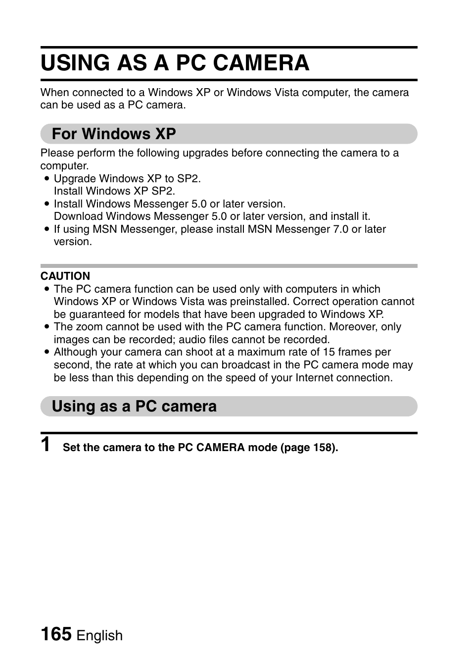 Using as a pc camera, For windows xp | Sanyo VPC-CG9EX User Manual | Page 172 / 220