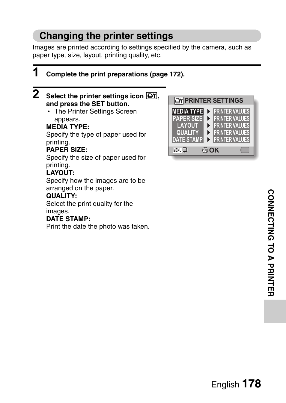 Changing the printer settings | Sanyo VPC-CG9EX User Manual | Page 185 / 220