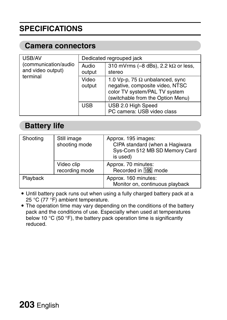 Specifications camera connectors battery life, English | Sanyo VPC-CG9EX User Manual | Page 210 / 220