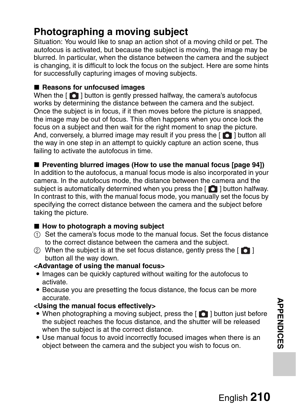 Photographing a moving subject, English | Sanyo VPC-CG9EX User Manual | Page 217 / 220