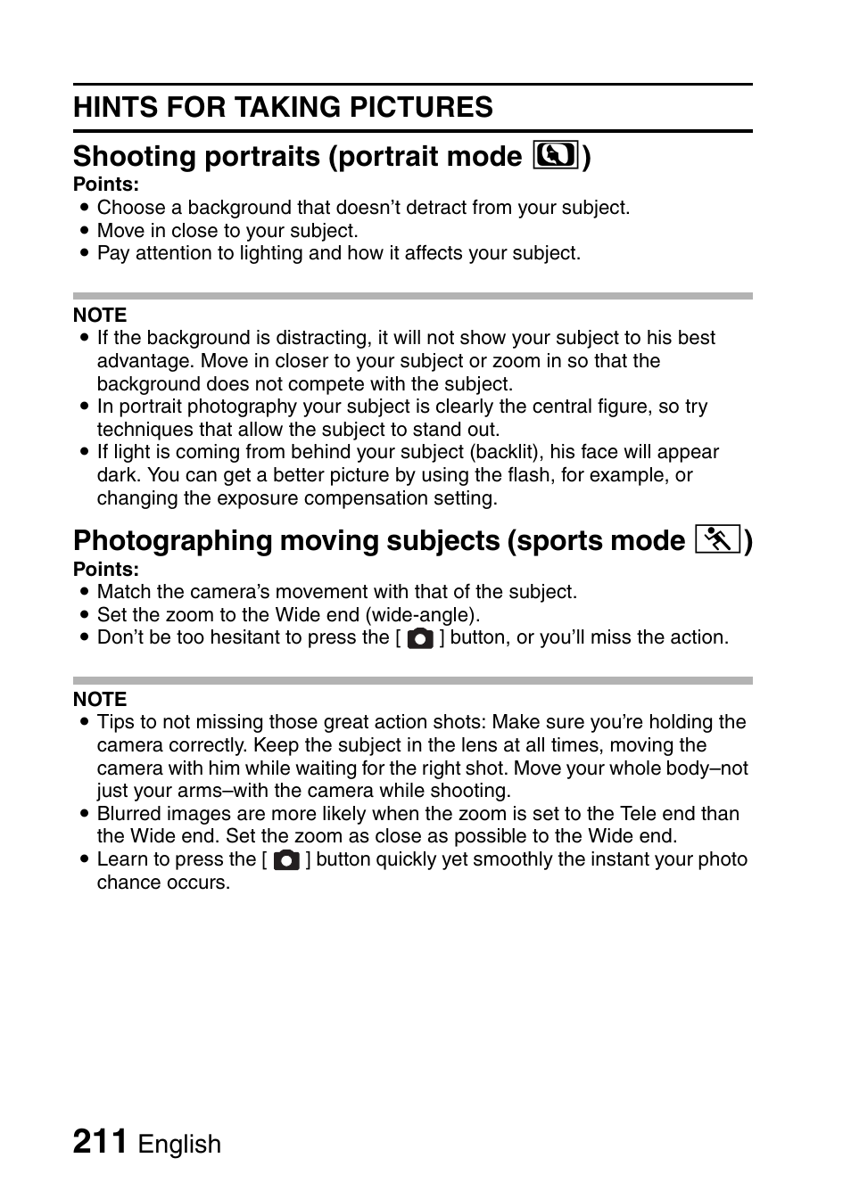 Photographing moving subjects (sports mode a ), English | Sanyo VPC-CG9EX User Manual | Page 218 / 220