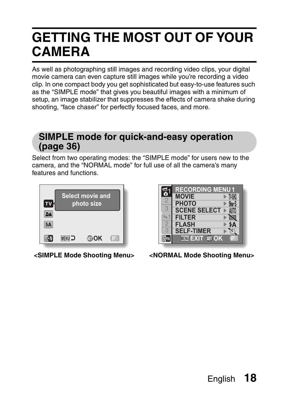 Getting the most out of your camera, Simple mode for quick-and-easy operation (page 36), English | Sanyo VPC-CG9EX User Manual | Page 25 / 220