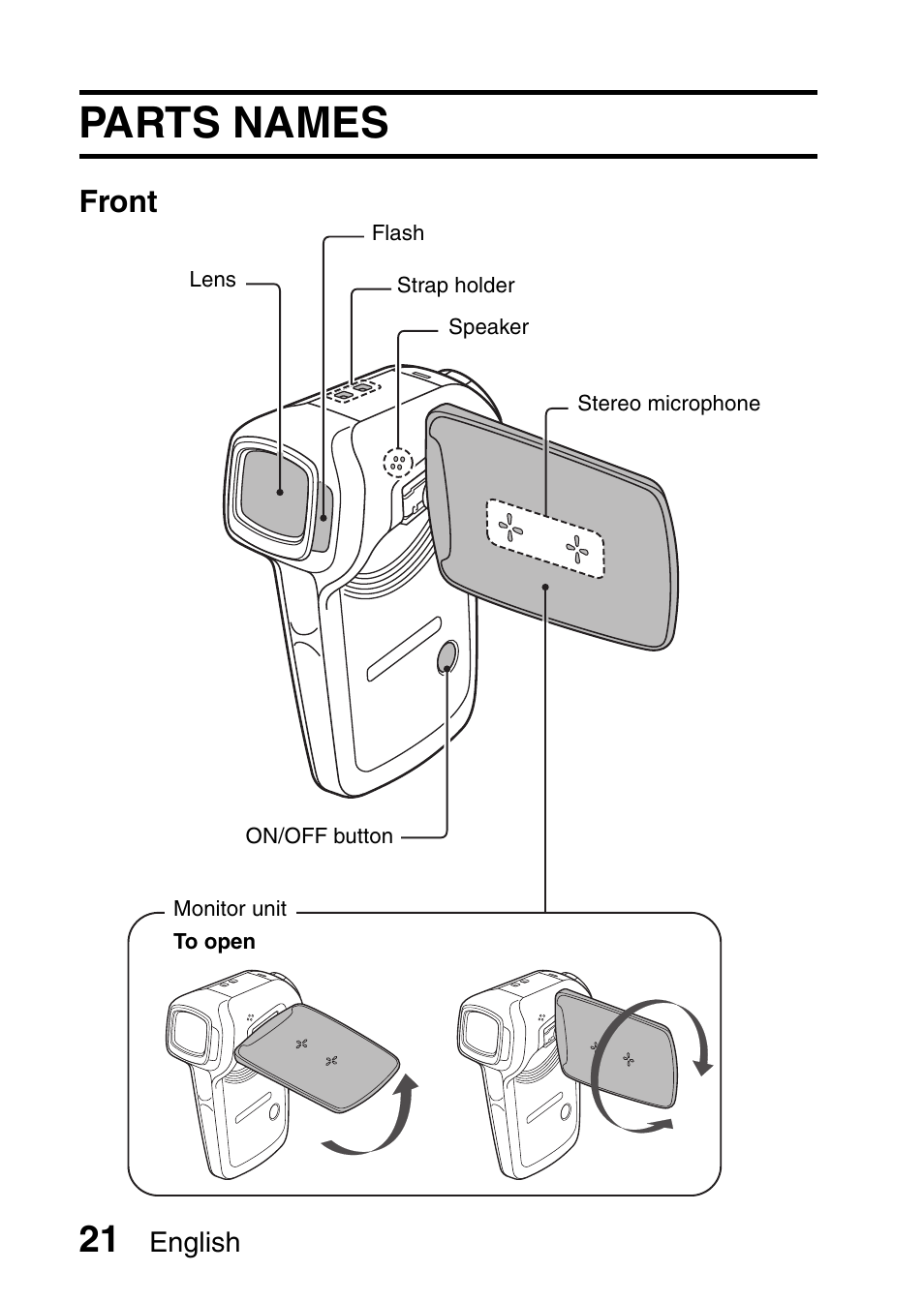 Parts names, Front | Sanyo VPC-CG9EX User Manual | Page 28 / 220