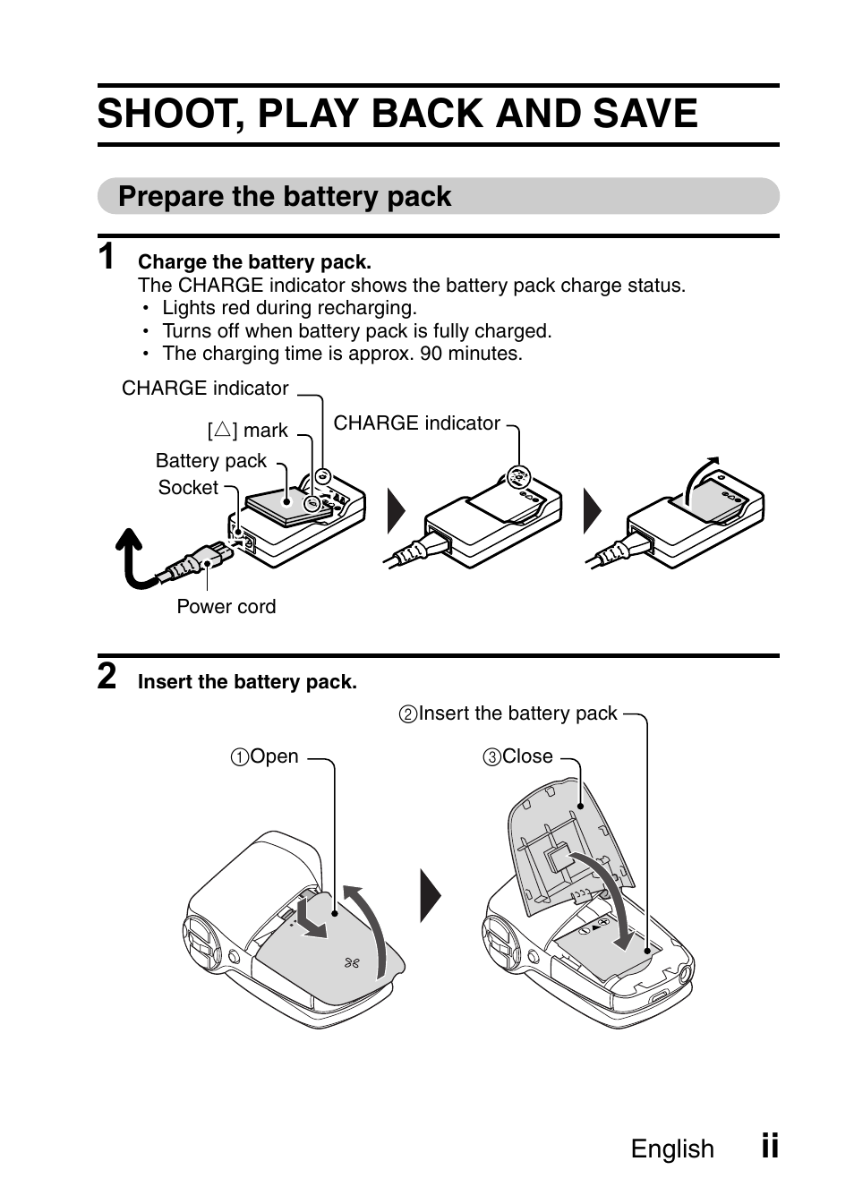 Shoot, play back and save, Prepare the battery pack | Sanyo VPC-CG9EX User Manual | Page 3 / 220