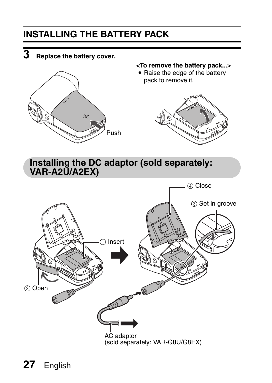 Installing the battery pack | Sanyo VPC-CG9EX User Manual | Page 34 / 220