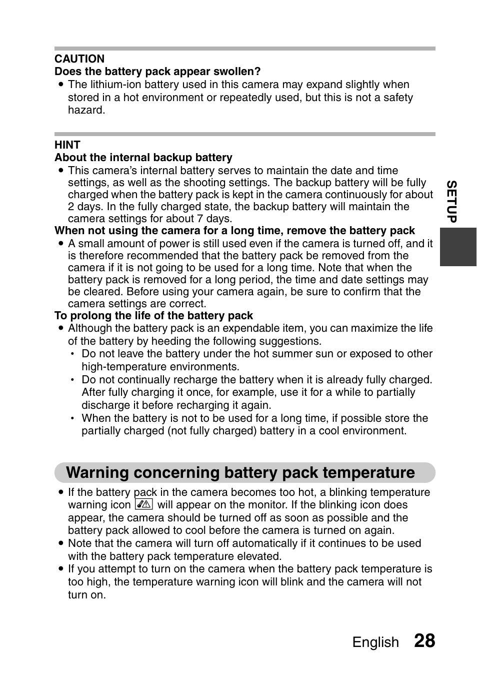 Warning concerning battery pack temperature, English | Sanyo VPC-CG9EX User Manual | Page 35 / 220