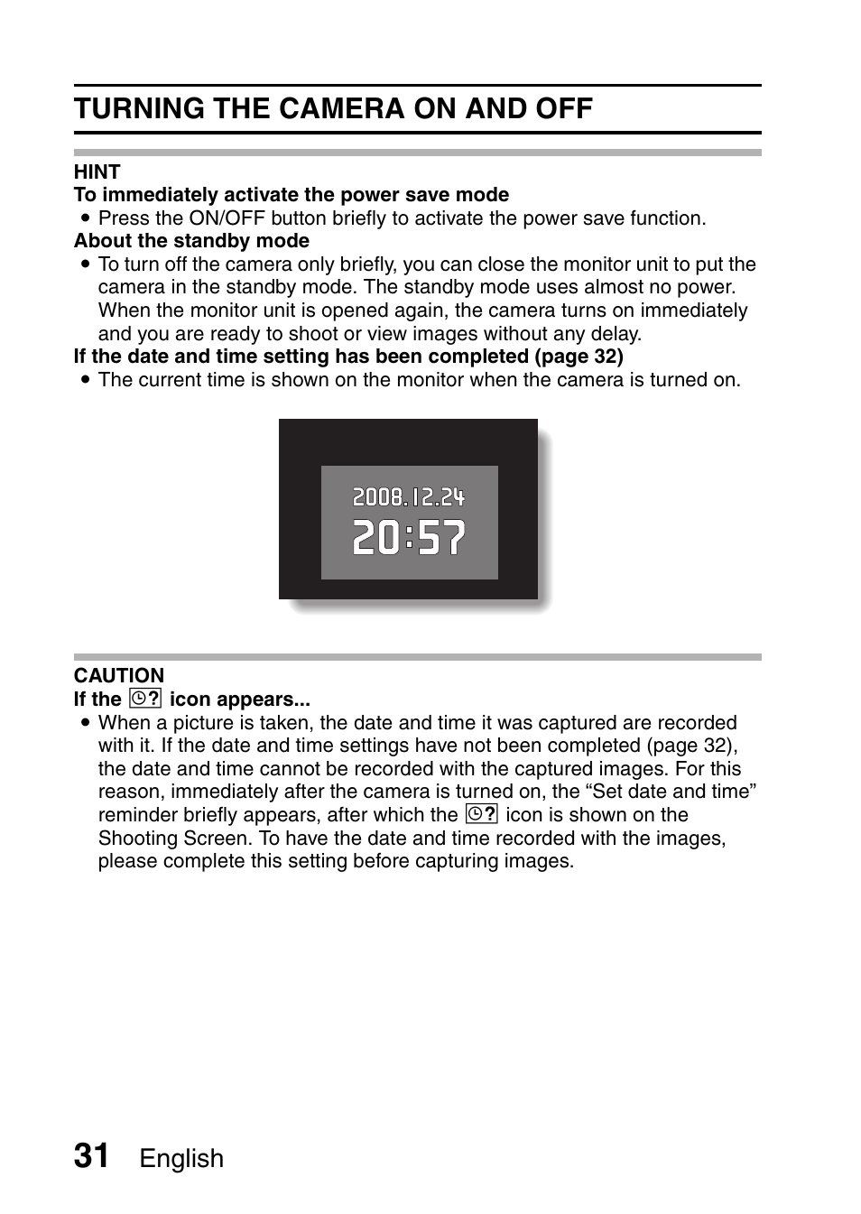 Turning the camera on and off, English | Sanyo VPC-CG9EX User Manual | Page 38 / 220