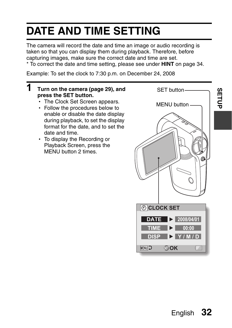 Date and time setting, English | Sanyo VPC-CG9EX User Manual | Page 39 / 220