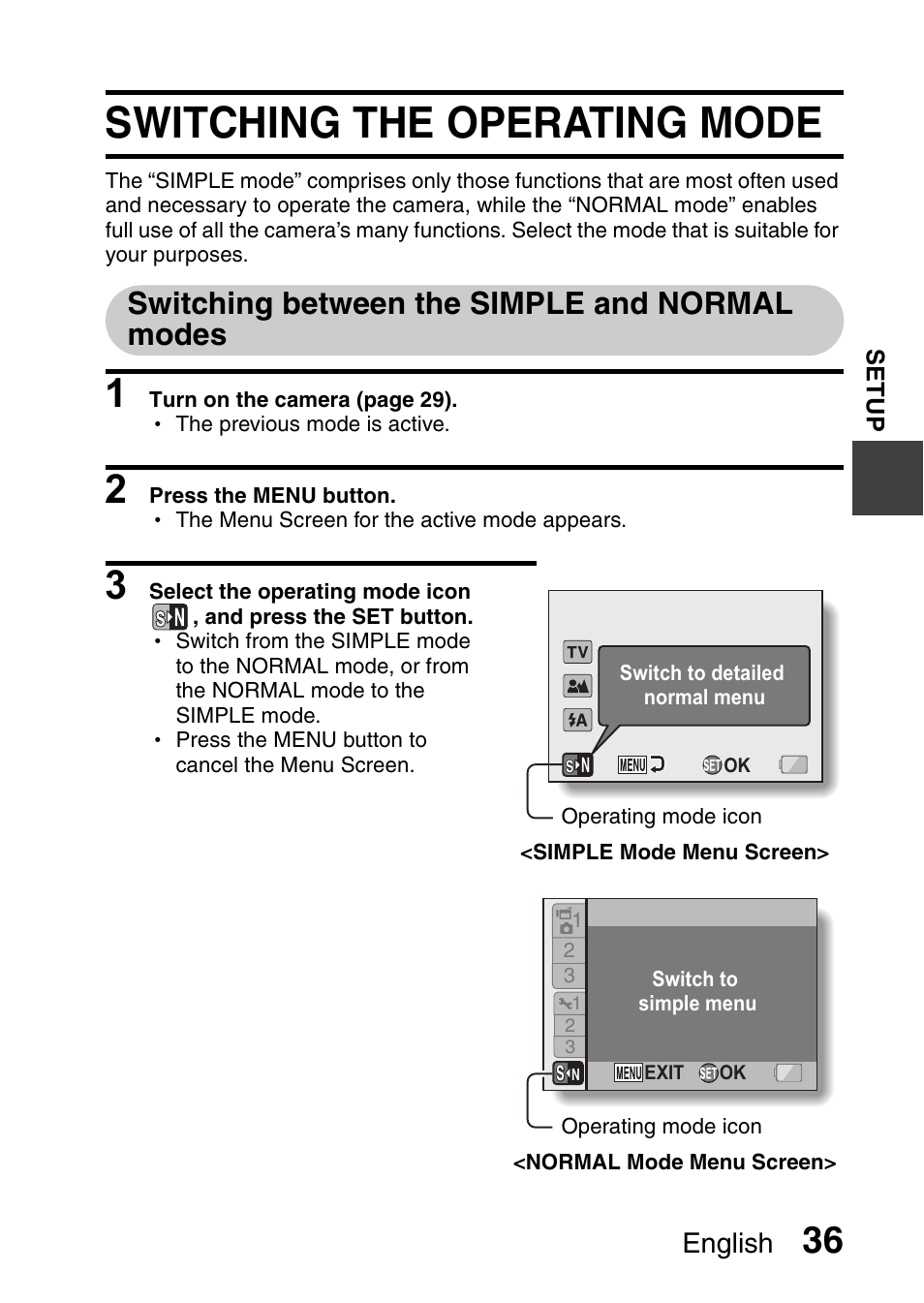 Switching the operating mode, Switching between the simple and normal modes, English | Sanyo VPC-CG9EX User Manual | Page 43 / 220