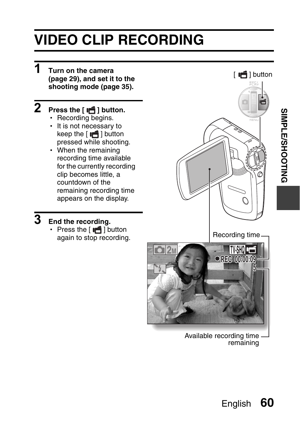 Video clip recording | Sanyo VPC-CG9EX User Manual | Page 67 / 220
