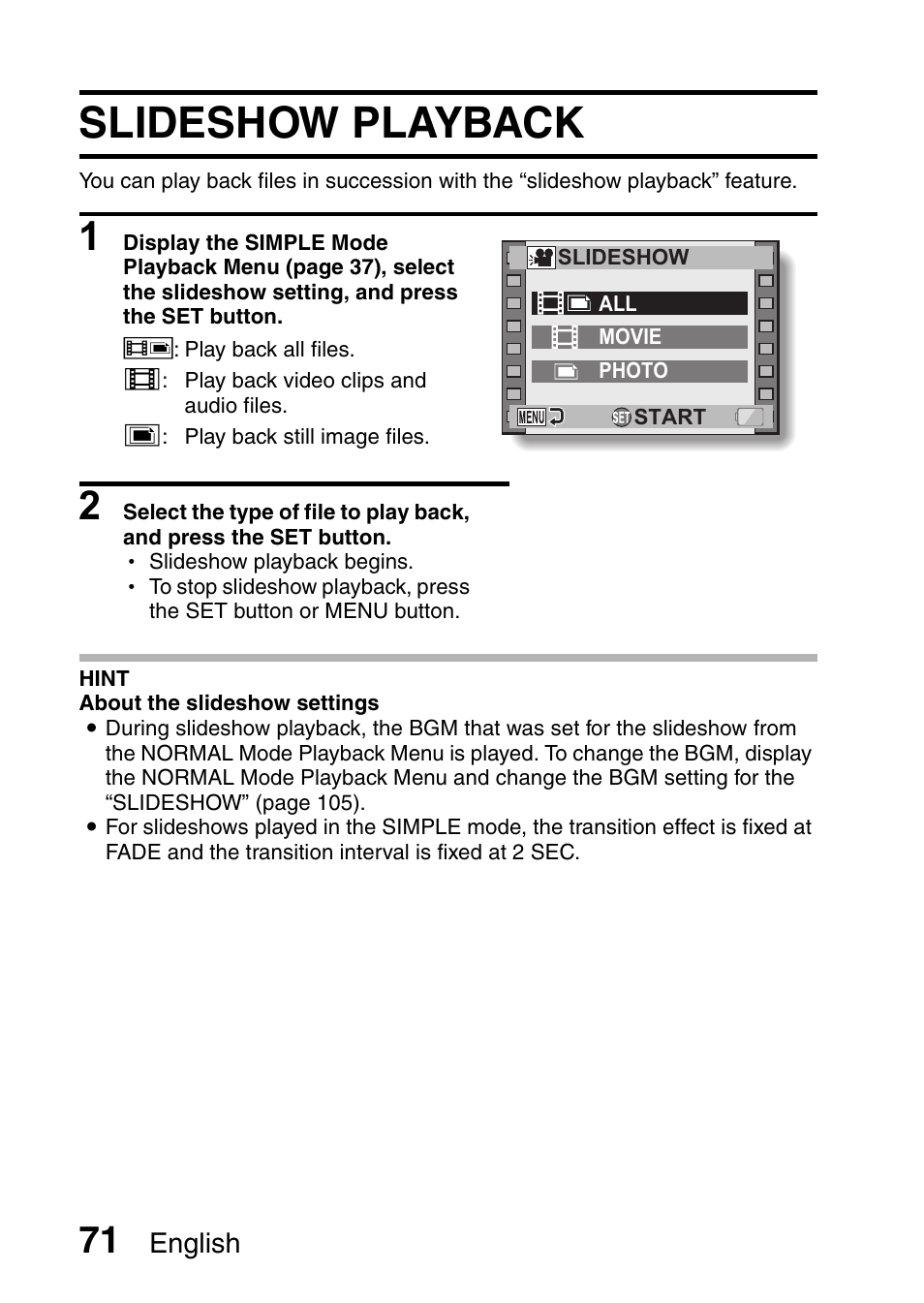 Slideshow playback | Sanyo VPC-CG9EX User Manual | Page 78 / 220
