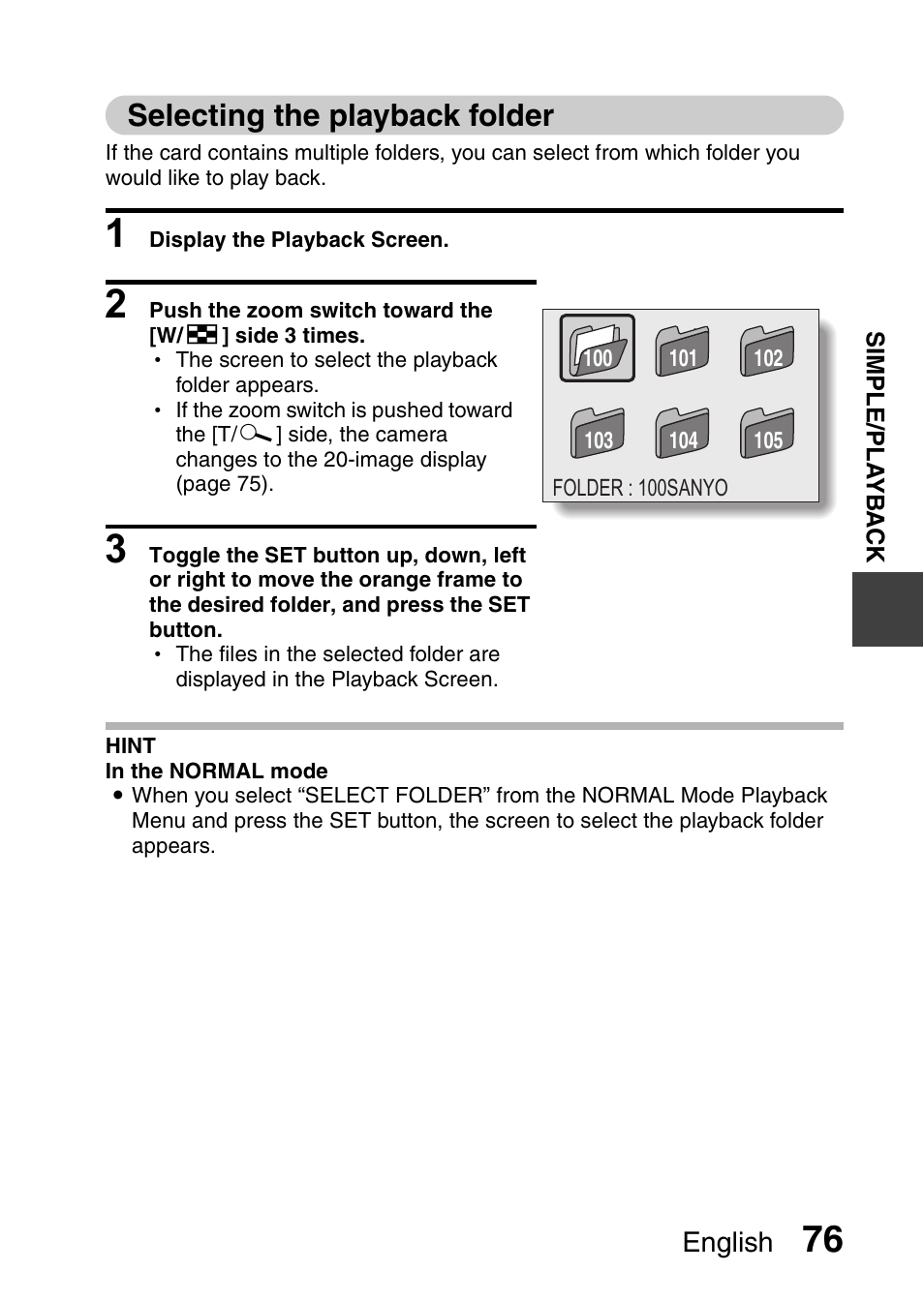 Selecting the playback folder | Sanyo VPC-CG9EX User Manual | Page 83 / 220