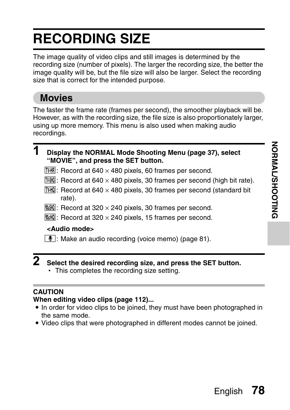 Recording size, Movies, English | Sanyo VPC-CG9EX User Manual | Page 85 / 220