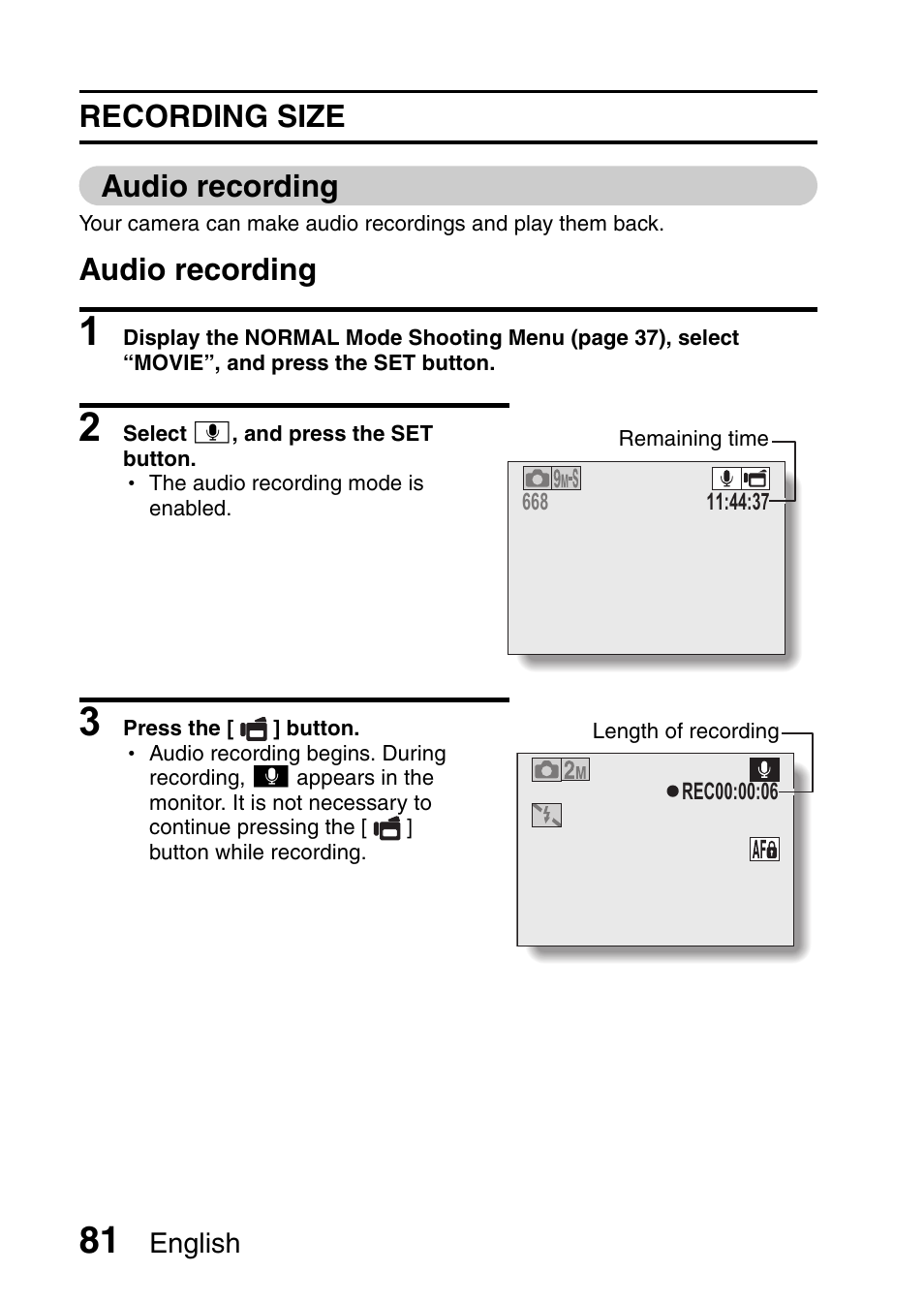 Recording size audio recording, Audio recording | Sanyo VPC-CG9EX User Manual | Page 88 / 220