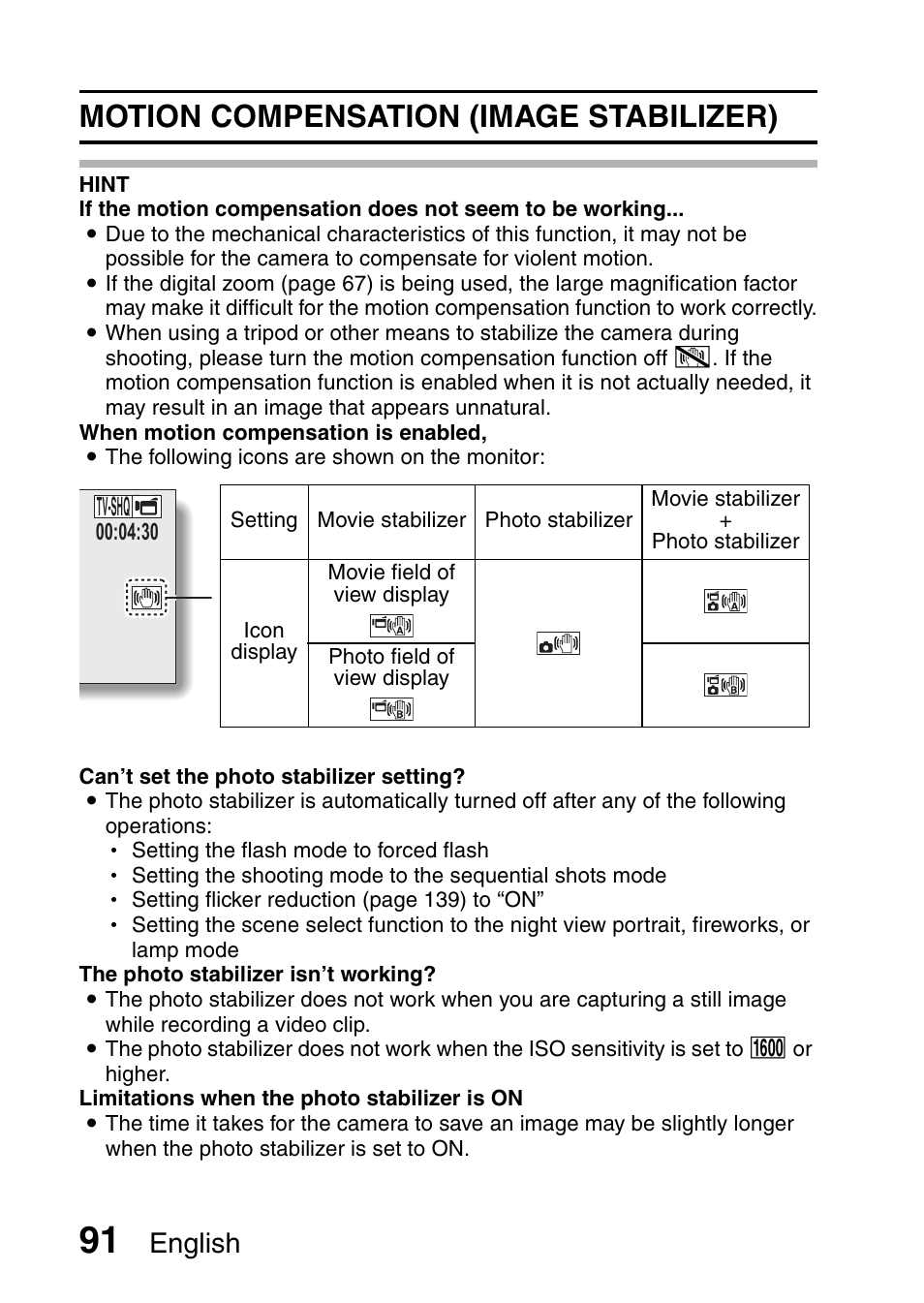 Motion compensation (image stabilizer), English | Sanyo VPC-CG9EX User Manual | Page 98 / 220