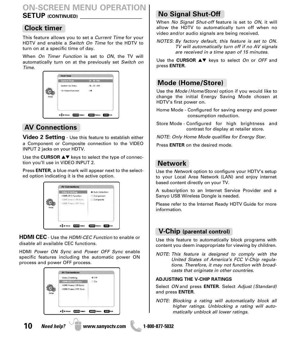 On-screen menu operation, Clock timer setup, Av connections network | V-chip, No signal shut-off, Mode (home/store) | Sanyo iP SERIES INTERNET READY HDTV DP42861 User Manual | Page 10 / 36
