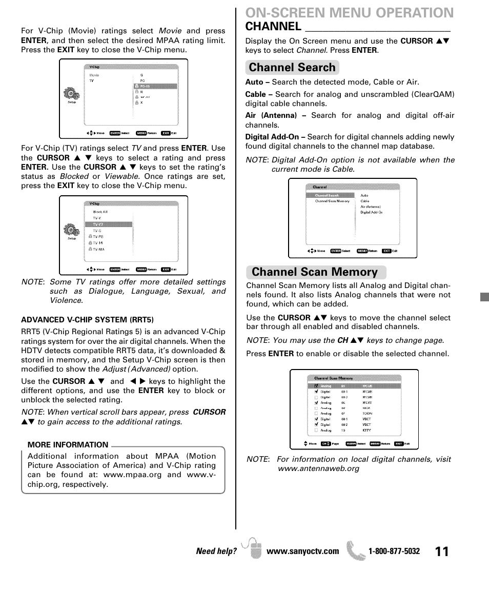On-screen menu operation, Channel, Channel search | Sanyo iP SERIES INTERNET READY HDTV DP42861 User Manual | Page 11 / 36