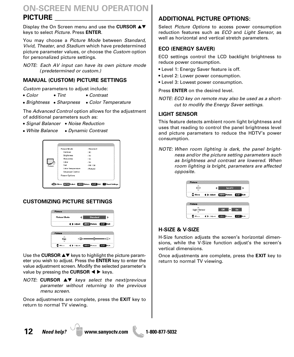 On-screen menu operation, Picture | Sanyo iP SERIES INTERNET READY HDTV DP42861 User Manual | Page 12 / 36
