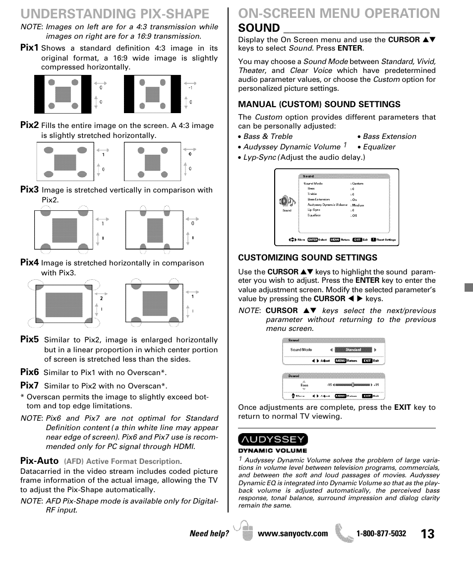 Understanding pix-shape, On-screen menu operation, Sound | Sanyo iP SERIES INTERNET READY HDTV DP42861 User Manual | Page 13 / 36