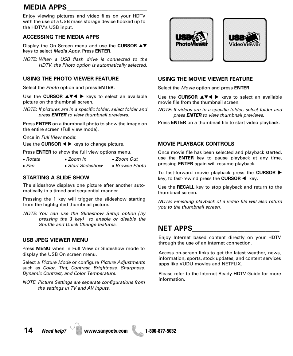 Media apps, Net apps | Sanyo iP SERIES INTERNET READY HDTV DP42861 User Manual | Page 14 / 36