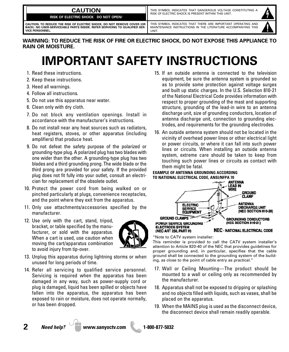 Important safety instructions | Sanyo iP SERIES INTERNET READY HDTV DP42861 User Manual | Page 2 / 36