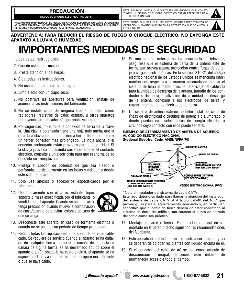 Importantes medidas de seguridad | Sanyo iP SERIES INTERNET READY HDTV DP42861 User Manual | Page 21 / 36