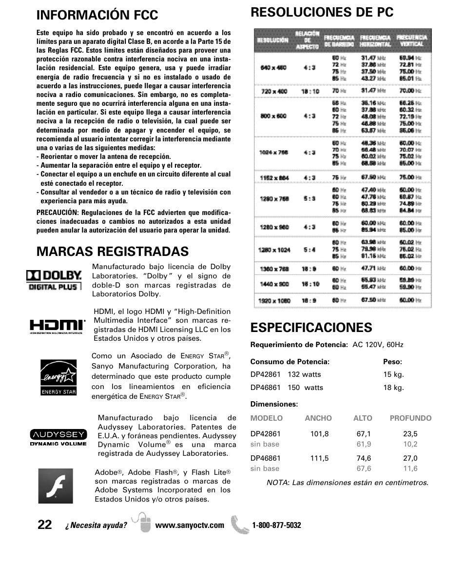 Información fcc, Resoluciones de pc marcas registradas, Especificaciones | Sanyo iP SERIES INTERNET READY HDTV DP42861 User Manual | Page 22 / 36