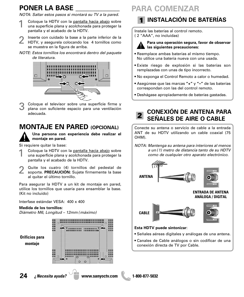 Para comenzar, Poner la base, Montaje en pared | Sanyo iP SERIES INTERNET READY HDTV DP42861 User Manual | Page 24 / 36