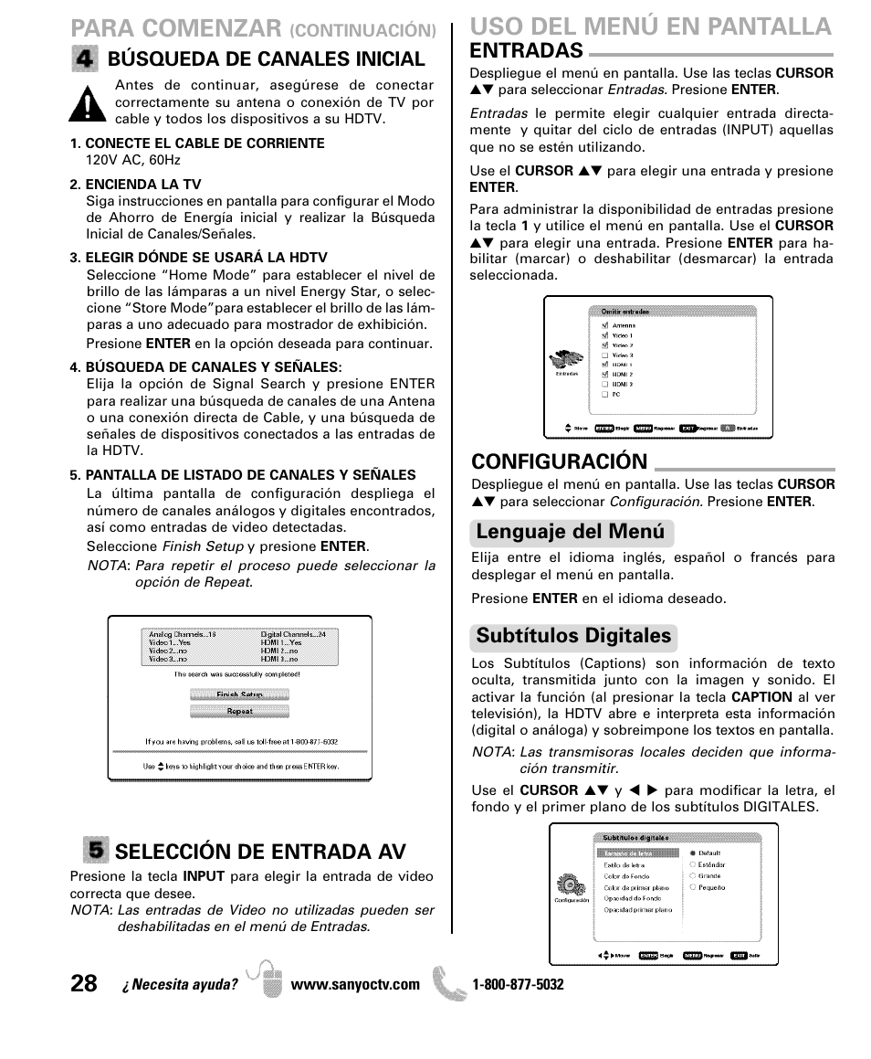 Para comenzar, Uso del menú en pantalla, Selección de entrada av | Entradas, Configuración, Lenguaje del menú, Subtítulos digitales, Búsqueda de canales inicial | Sanyo iP SERIES INTERNET READY HDTV DP42861 User Manual | Page 28 / 36