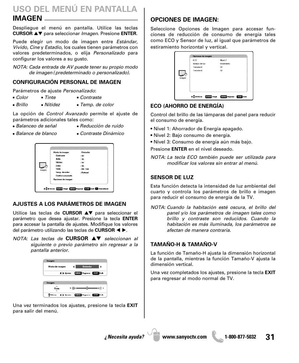 Uso del menú en pantalla, Imagen | Sanyo iP SERIES INTERNET READY HDTV DP42861 User Manual | Page 31 / 36