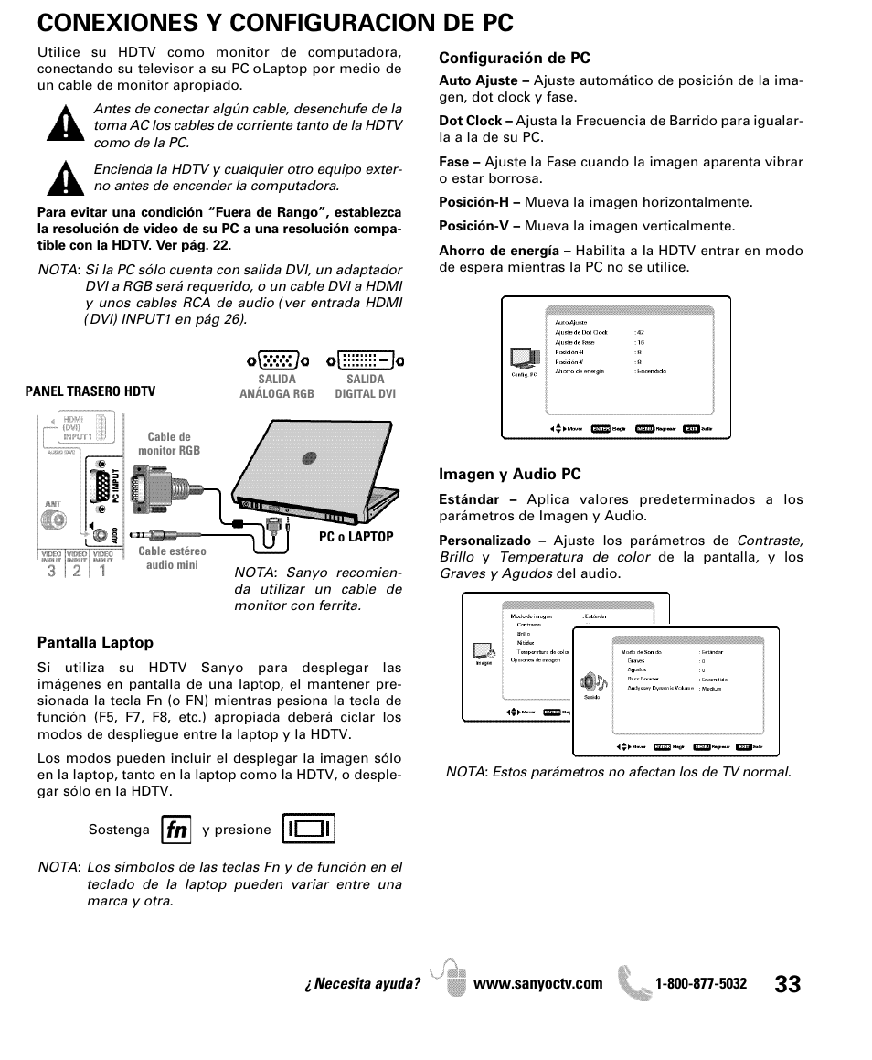 Conexiones y configuracion de pc | Sanyo iP SERIES INTERNET READY HDTV DP42861 User Manual | Page 33 / 36