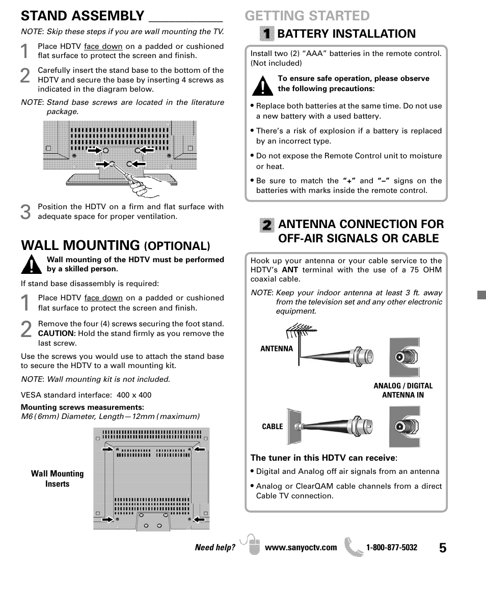 Getting started, Wall mounting, Stand assembly | Sanyo iP SERIES INTERNET READY HDTV DP42861 User Manual | Page 5 / 36