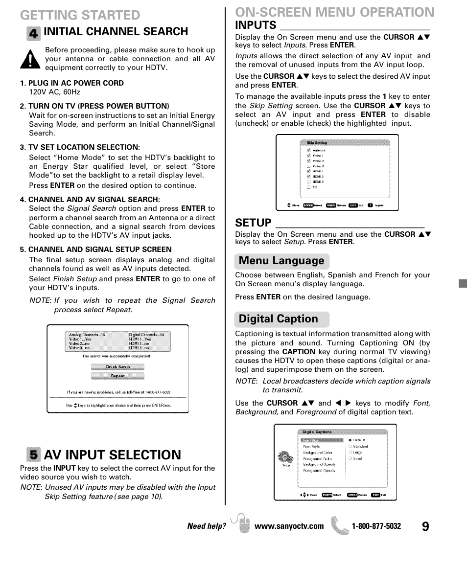 Getting started, Av input selection, On-screen menu operation | Initial channel search, Inputs, Menu language setup, Digital caption | Sanyo iP SERIES INTERNET READY HDTV DP42861 User Manual | Page 9 / 36