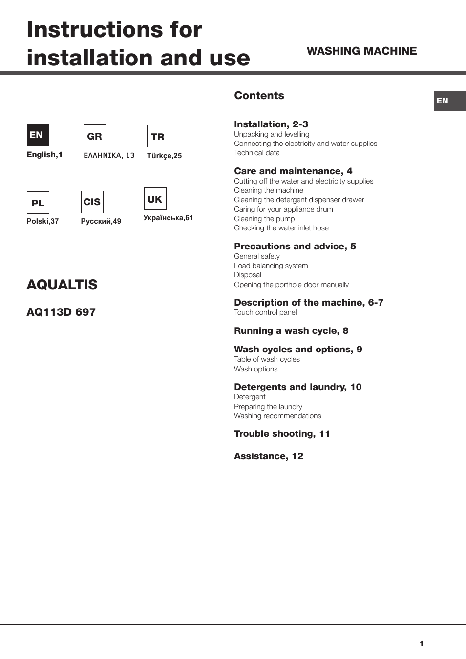 Hotpoint Ariston AQ113D 697 User Manual | 72 pages