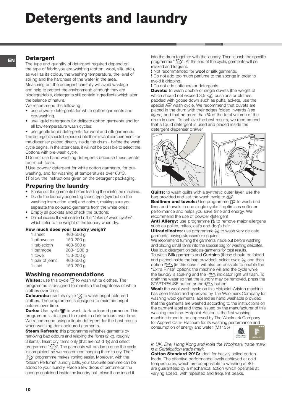 Detergents and laundry, Detergent, Preparing the laundry | Washing recommendations | Hotpoint Ariston AQ113D 697 User Manual | Page 10 / 72