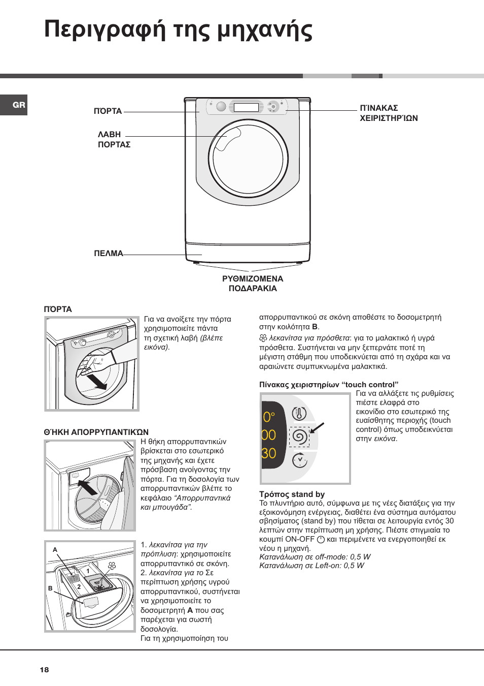 Περιγραφή της μηχανής | Hotpoint Ariston AQ113D 697 User Manual | Page 18 / 72