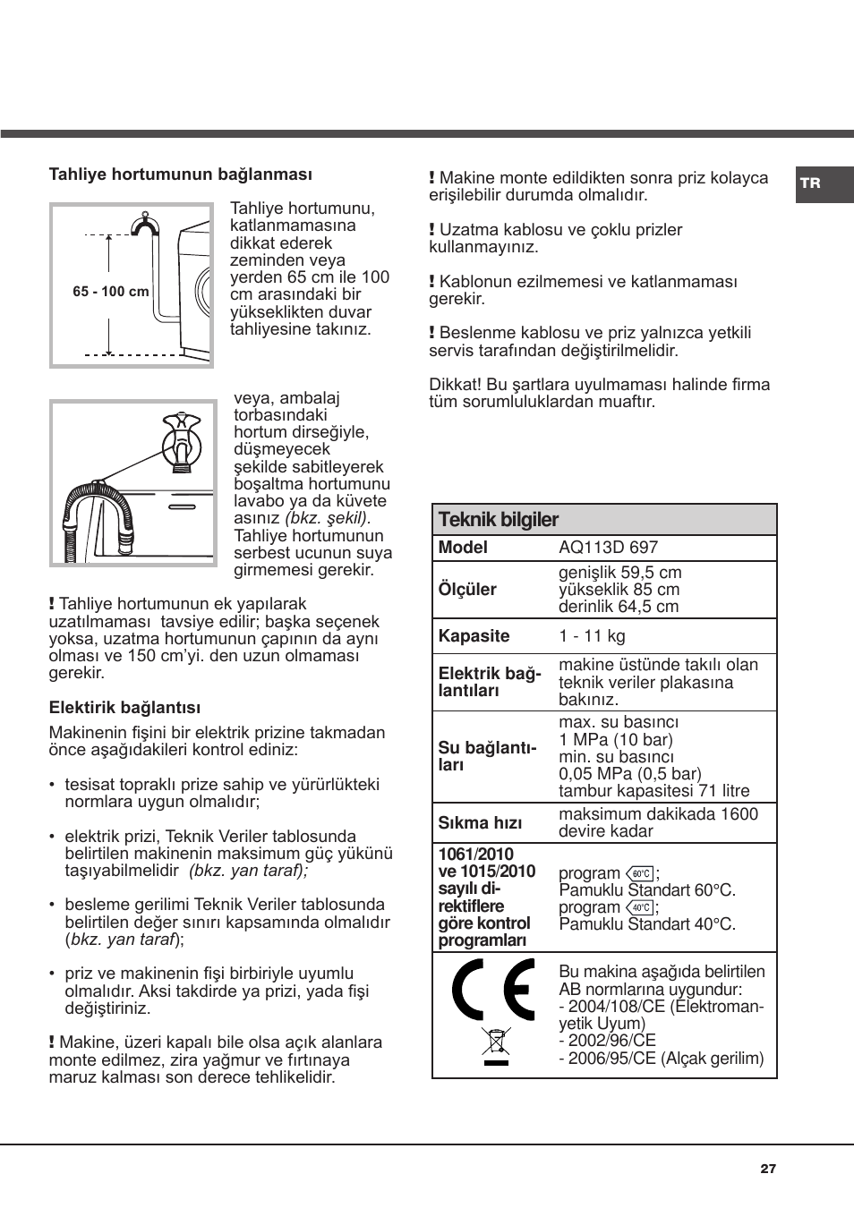 Hotpoint Ariston AQ113D 697 User Manual | Page 27 / 72